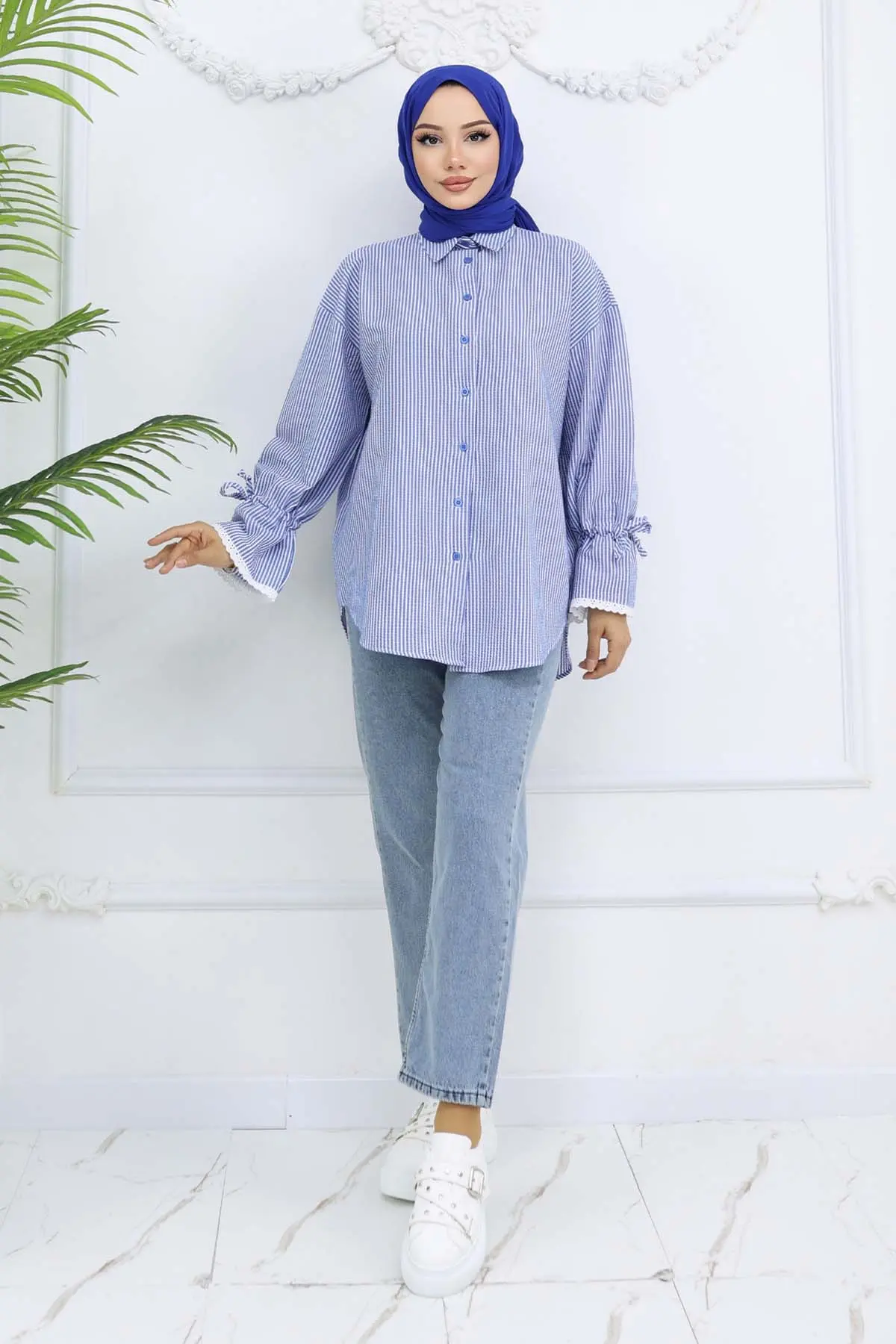 Kolları Fisto Detaylı Çizgili Gömlek 2226 Saks Mavisi-detail