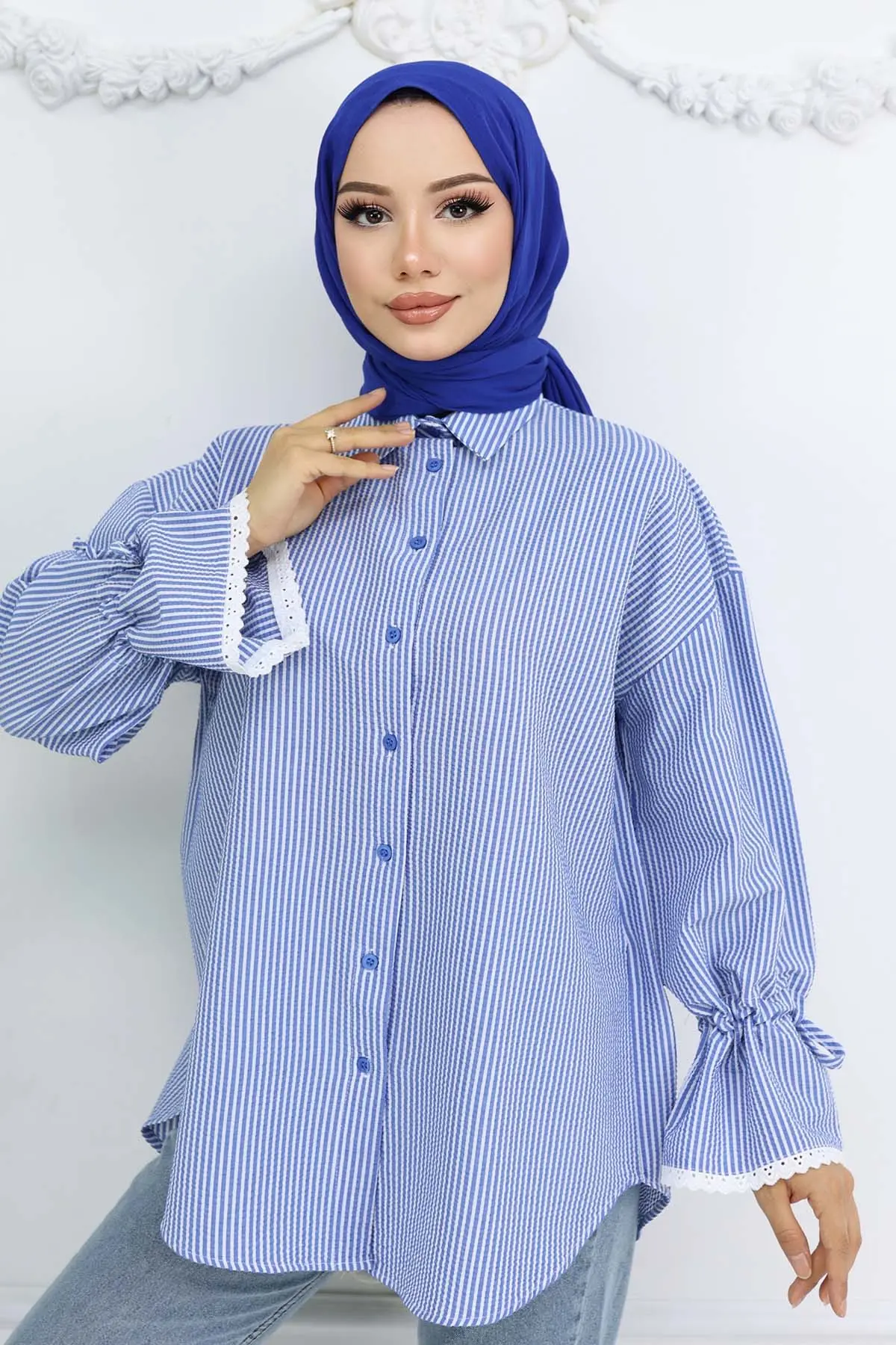 Kolları Fisto Detaylı Çizgili Gömlek 2226 Saks Mavisi-detail