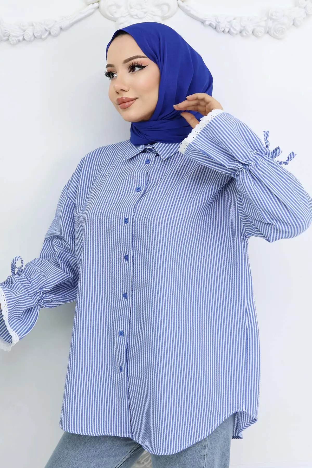 Kolları Fisto Detaylı Çizgili Gömlek 2226 Saks Mavisi-detail