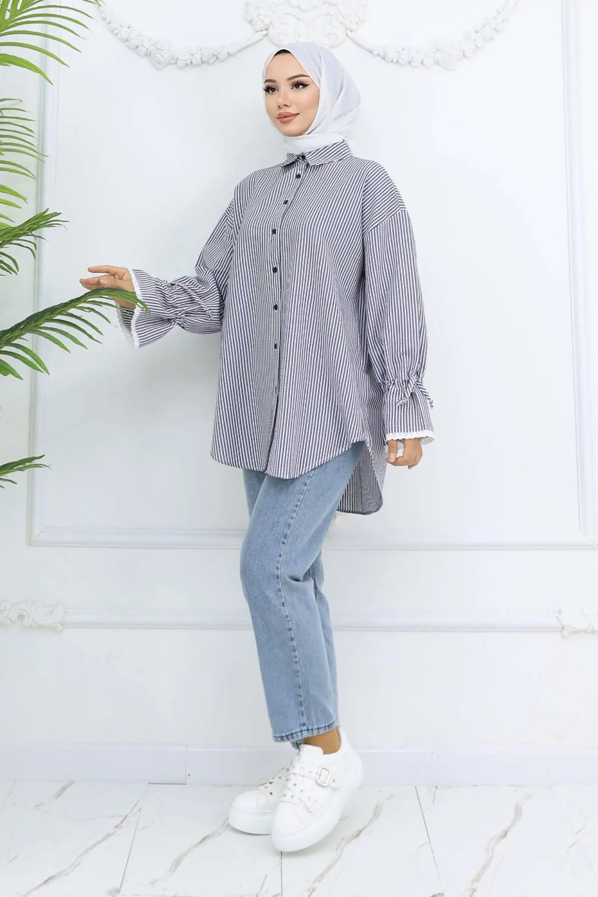 Kolları Fisto Detaylı Çizgili Gömlek Lacivert 2226-detail