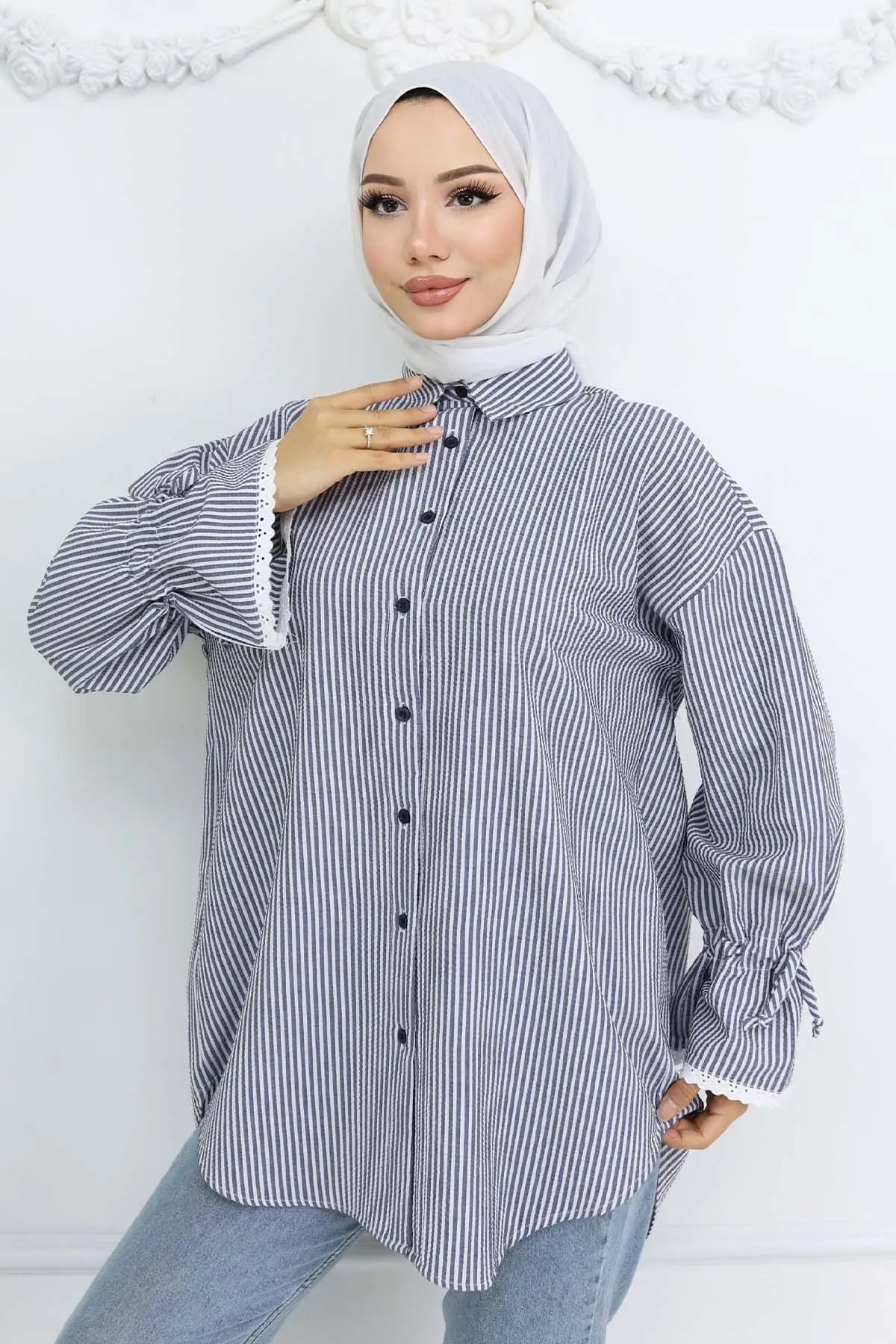 Kolları Fisto Detaylı Çizgili Gömlek Lacivert 2226-detail