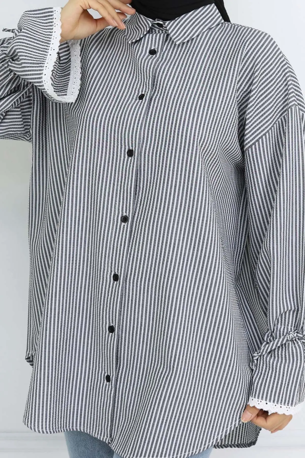 Kolları Fisto Detaylı Çizgili Gömlek Siyah 2226-detail