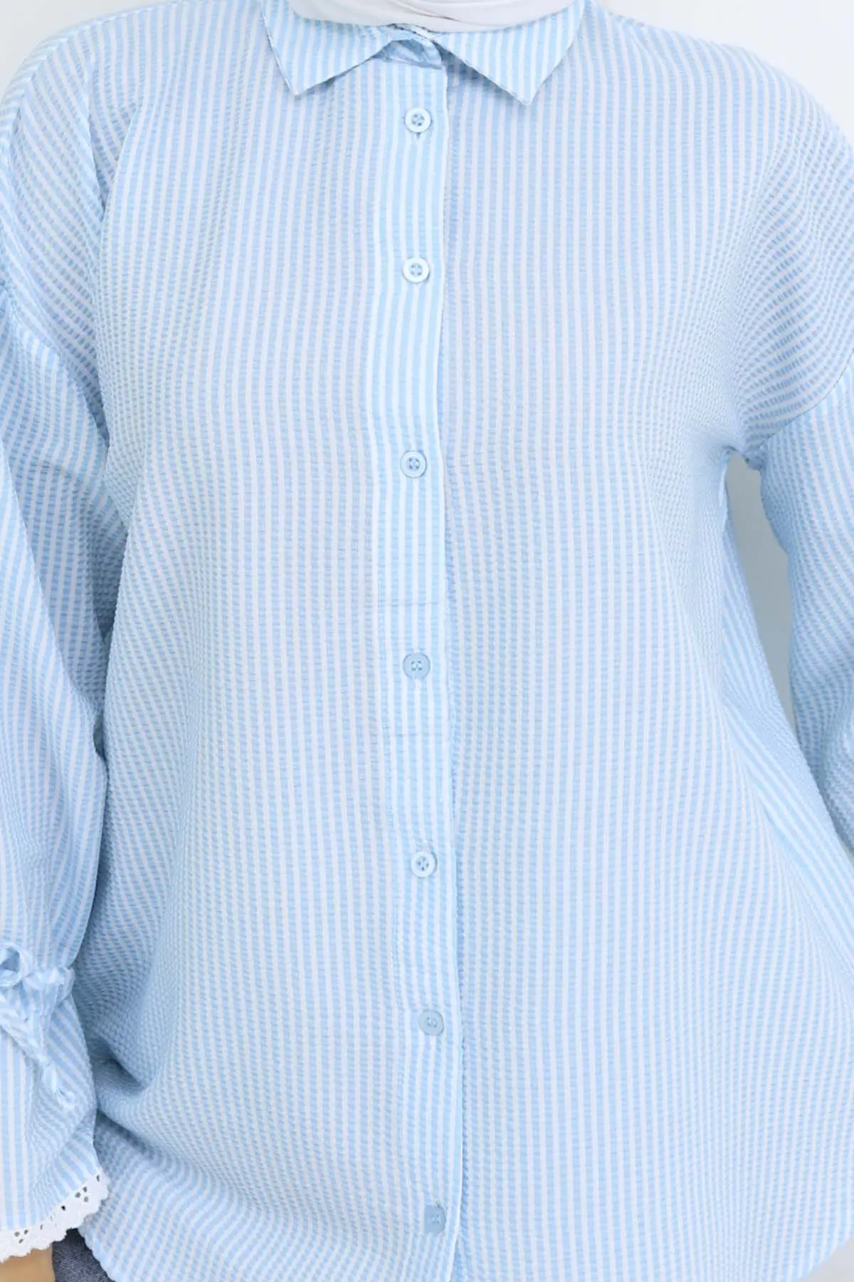 Kolları Fisto Detaylı Çizgili Gömlek Turkuaz 2226-detail
