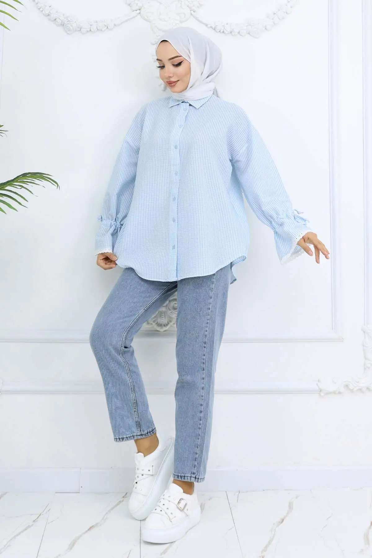 Kolları Fisto Detaylı Çizgili Gömlek Turkuaz 2226-detail