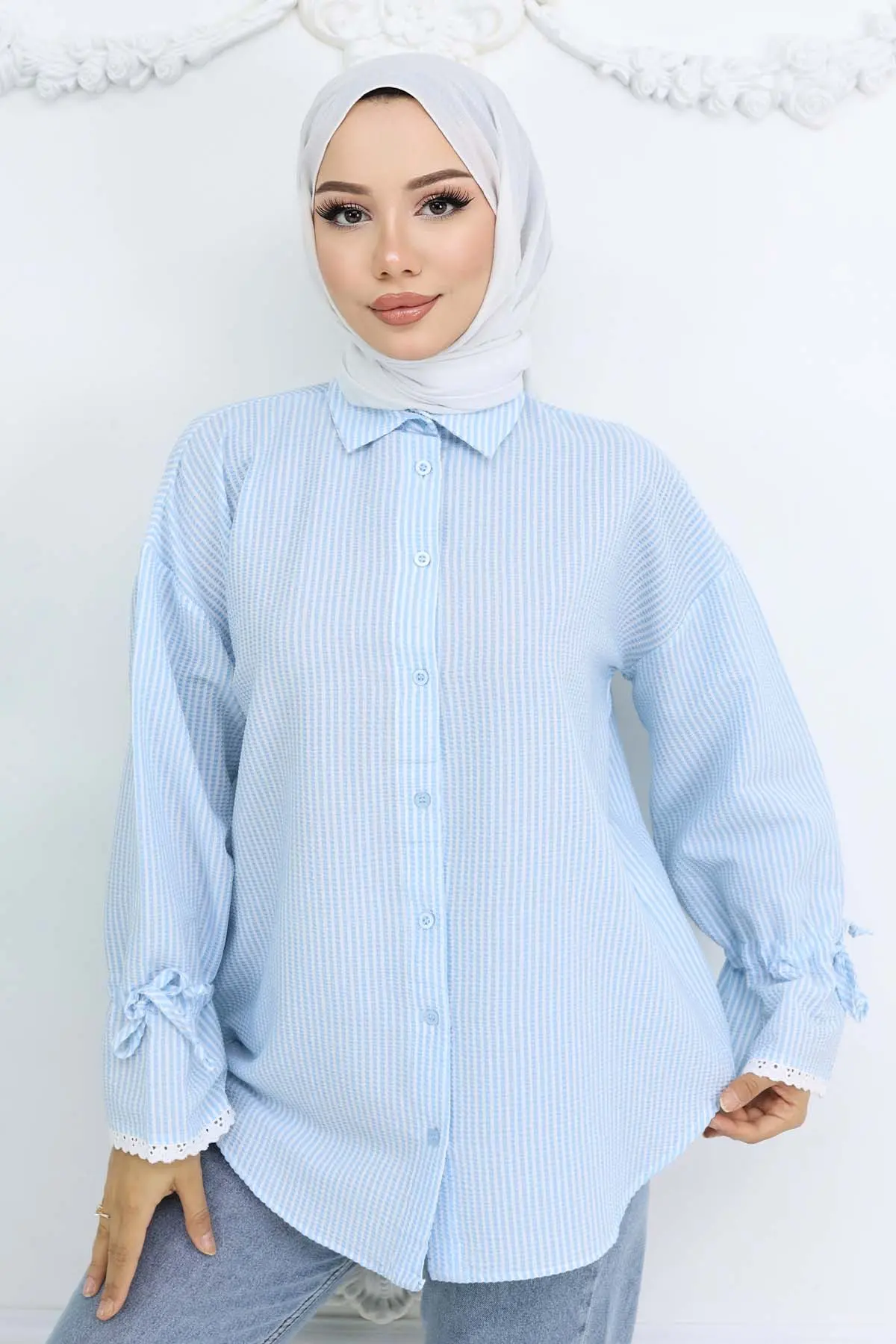 Kolları Fisto Detaylı Çizgili Gömlek Turkuaz 2226-detail