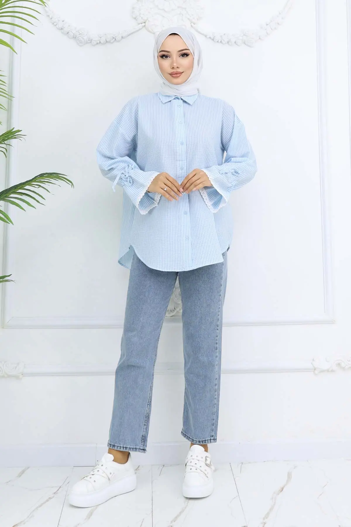 Kolları Fisto Detaylı Çizgili Gömlek Turkuaz 2226-detail