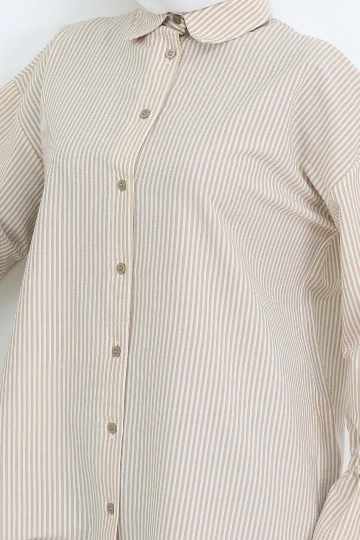 Kolları Fisto Detaylı Çizgili Gömlek Vizon 2226-detail