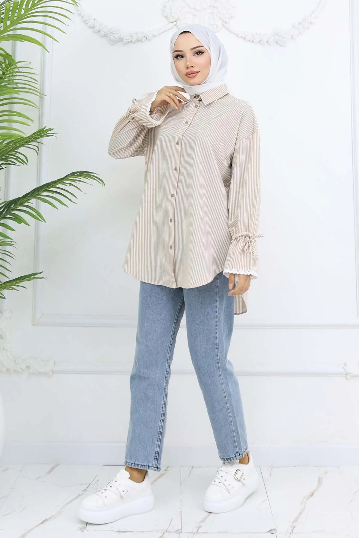 Kolları Fisto Detaylı Çizgili Gömlek Vizon 2226-detail