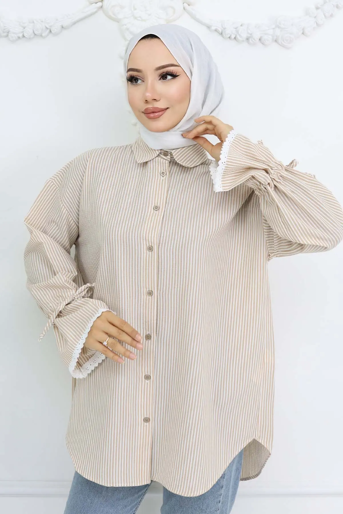 Kolları Fisto Detaylı Çizgili Gömlek Vizon 2226-detail