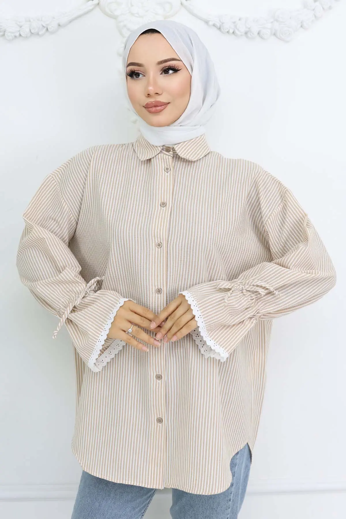 Kolları Fisto Detaylı Çizgili Gömlek Vizon 2226-detail