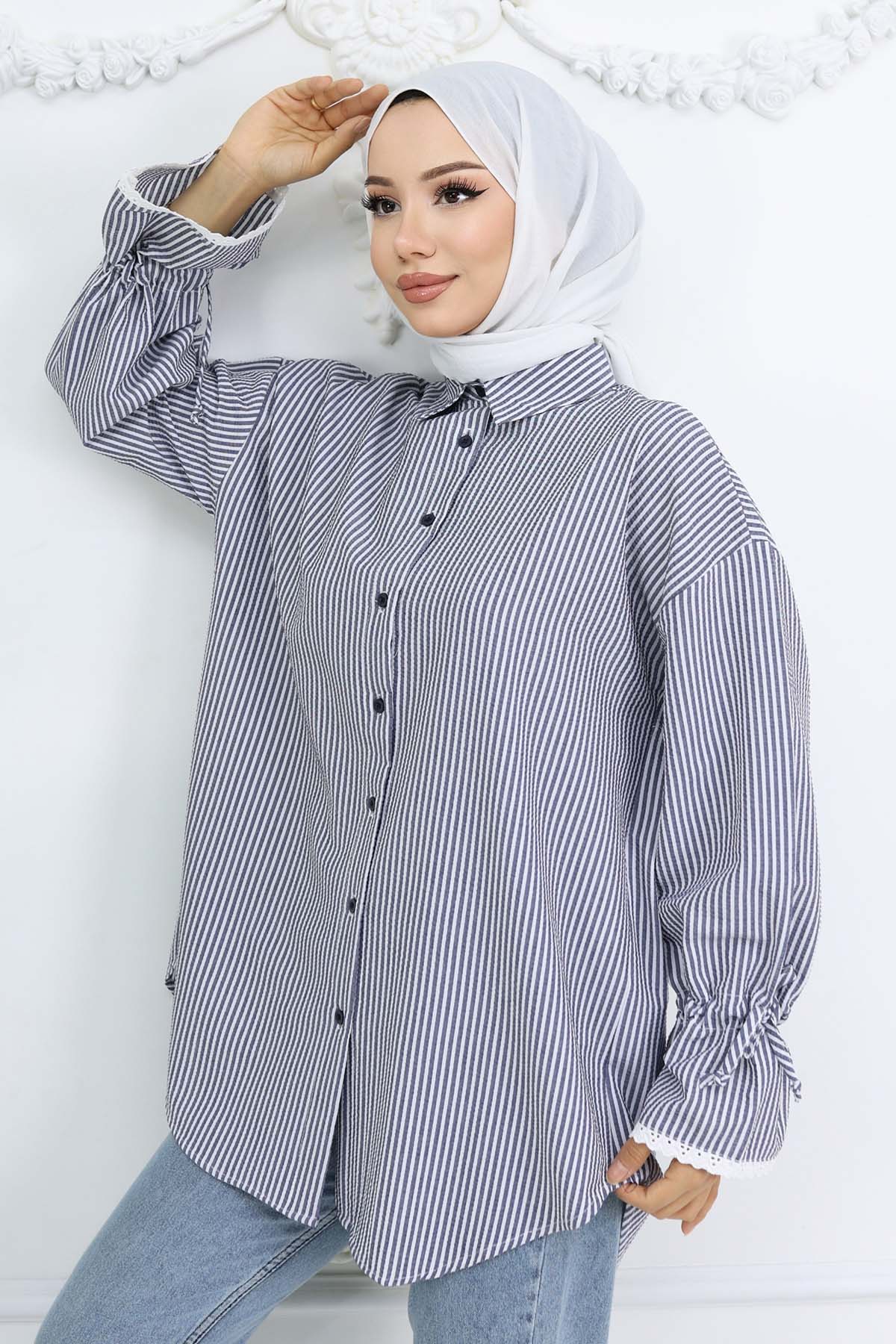 Kolları Fisto Detaylı Çizgili Gömlek Lacivert 2226