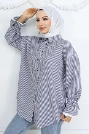 Kolları Fisto Detaylı Çizgili Gömlek Lacivert 2226
