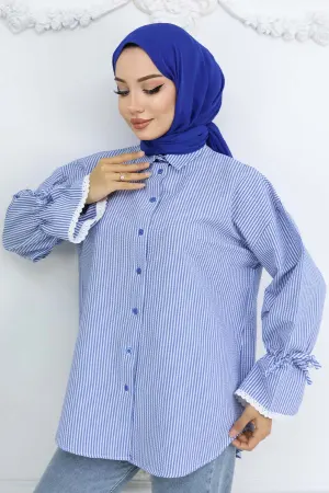 Kolları Fisto Detaylı Çizgili Gömlek 2226 Saks Mavisi
