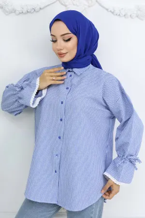 Kolları Fisto Detaylı Çizgili Gömlek 2226 Saks Mavisi