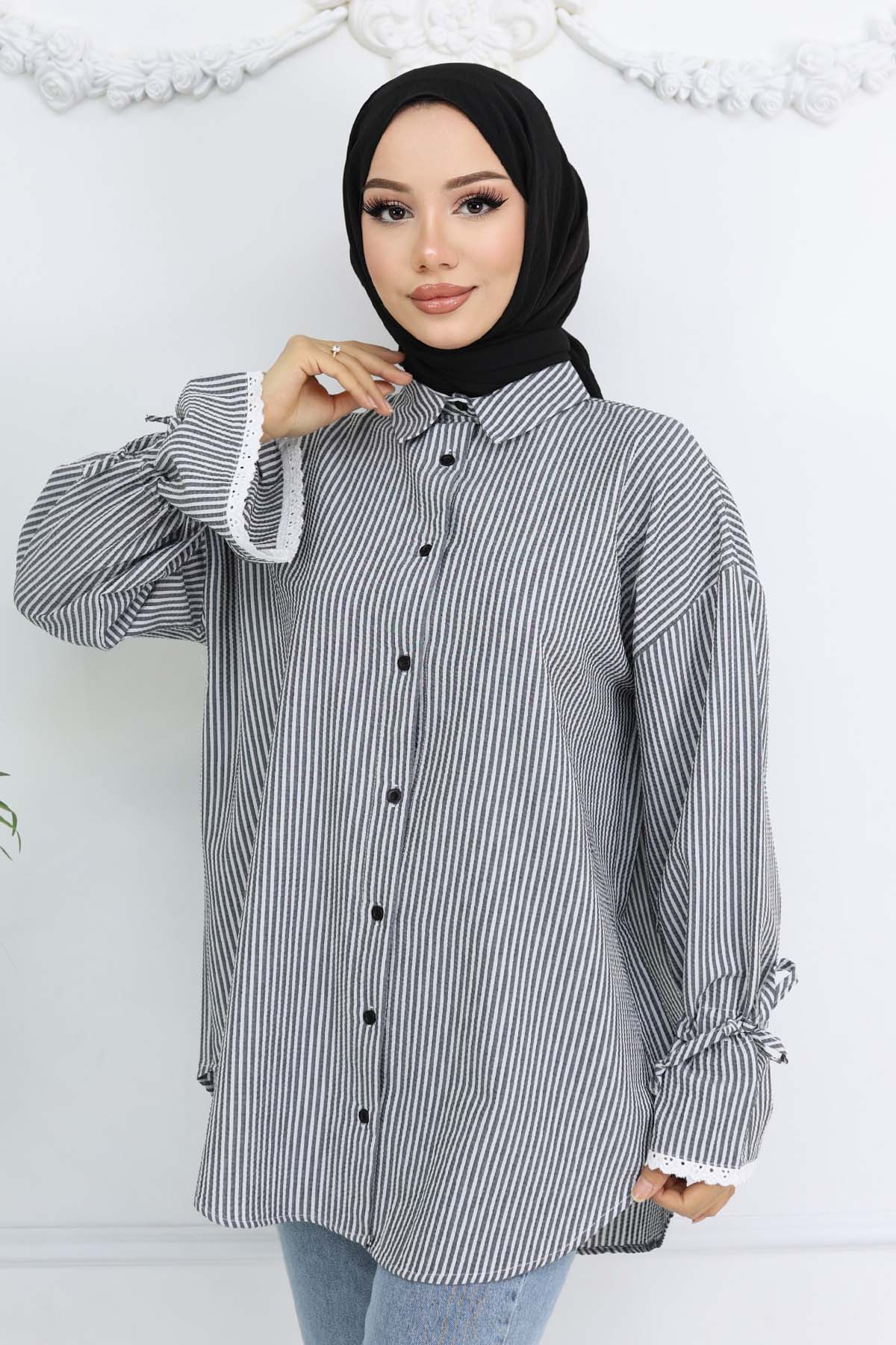 Kolları Fisto Detaylı Çizgili Gömlek Siyah 2226