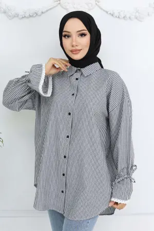 Kolları Fisto Detaylı Çizgili Gömlek Siyah 2226