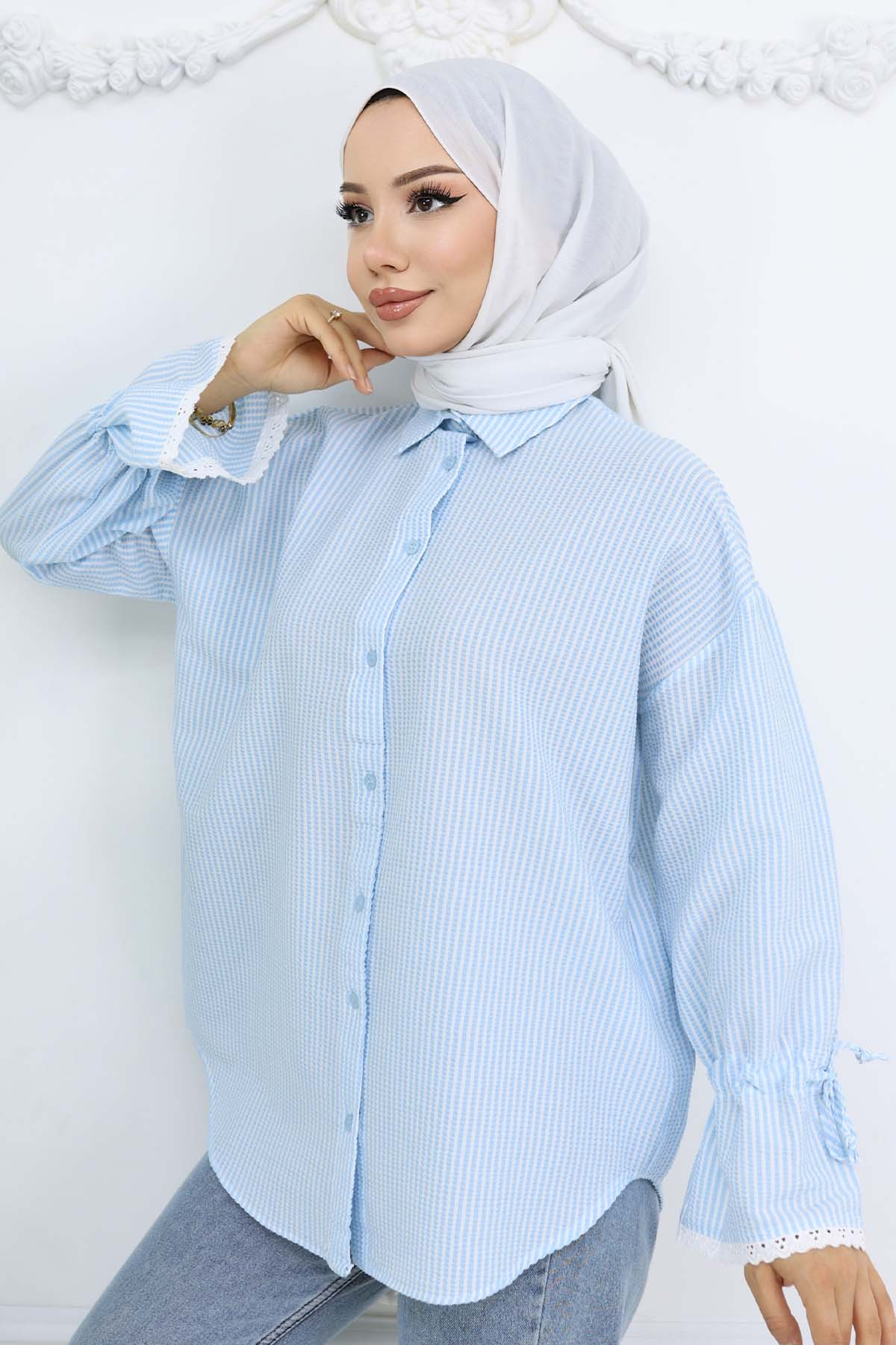 Kolları Fisto Detaylı Çizgili Gömlek Turkuaz 2226