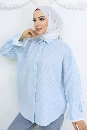 Kolları Fisto Detaylı Çizgili Gömlek Turkuaz 2226