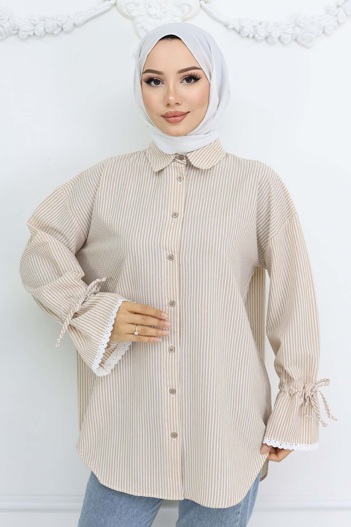 Kolları Fisto Detaylı Çizgili Gömlek Vizon 2226