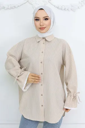 Kolları Fisto Detaylı Çizgili Gömlek Vizon 2226