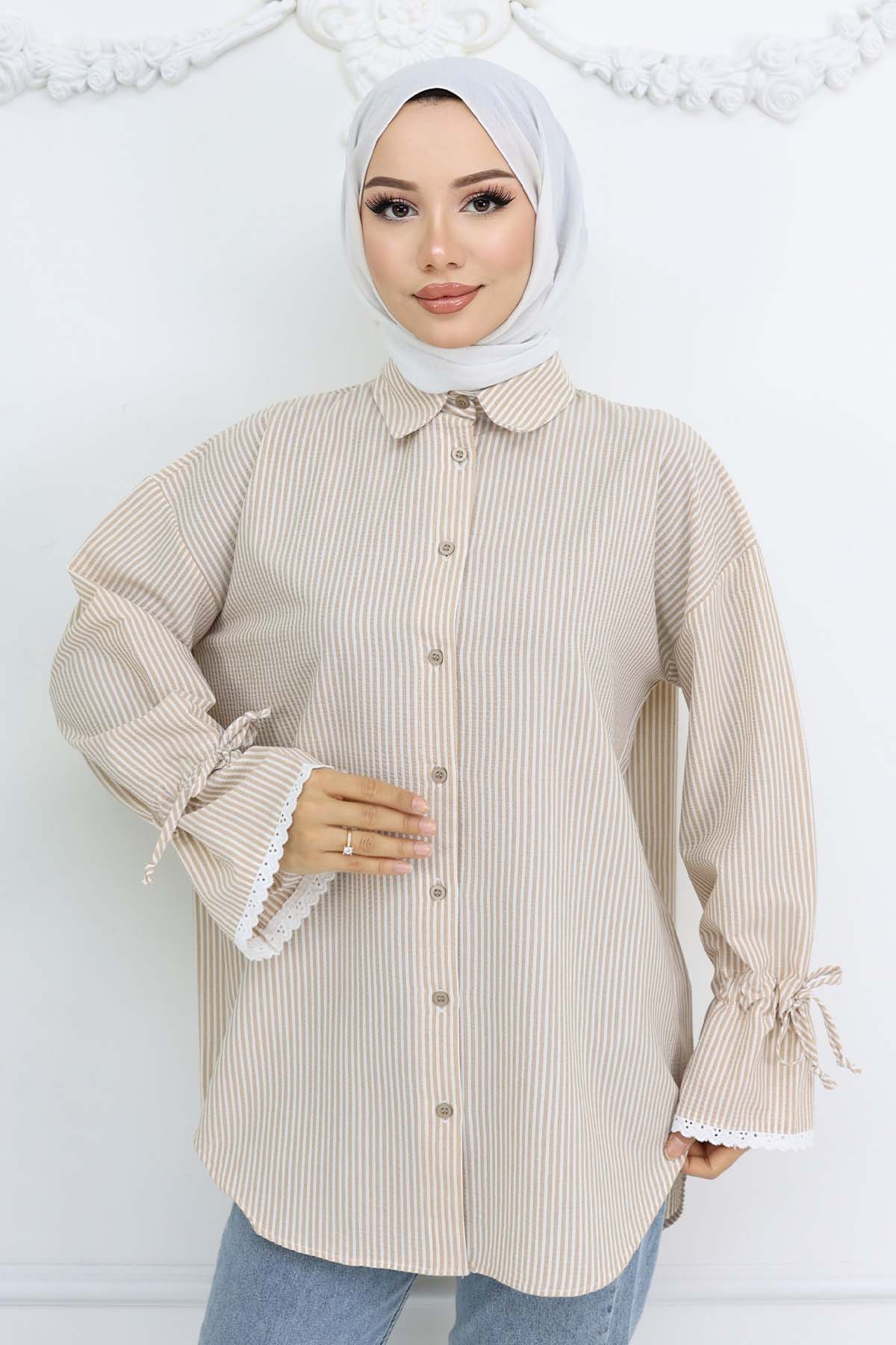 Kolları Fisto Detaylı Çizgili Gömlek Vizon 2226