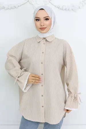 Kolları Fisto Detaylı Çizgili Gömlek Vizon 2226