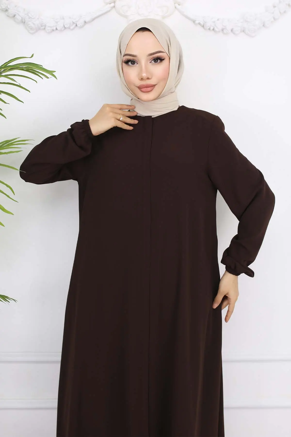 Kolları Lastikli Gizli Fermuarlı Ferace Kahverengi 1002-detail