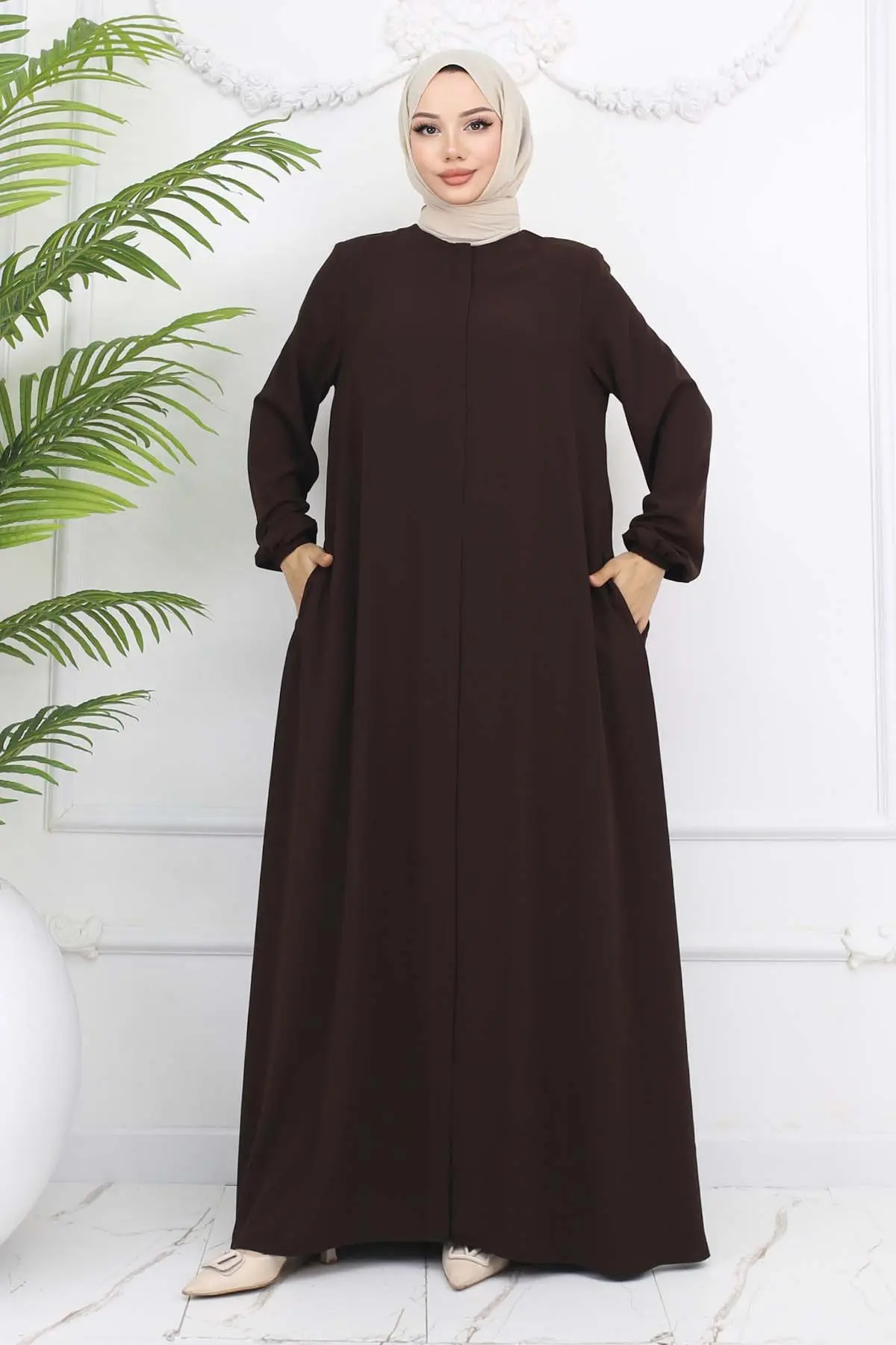 Kolları Lastikli Gizli Fermuarlı Ferace Kahverengi 1002-detail