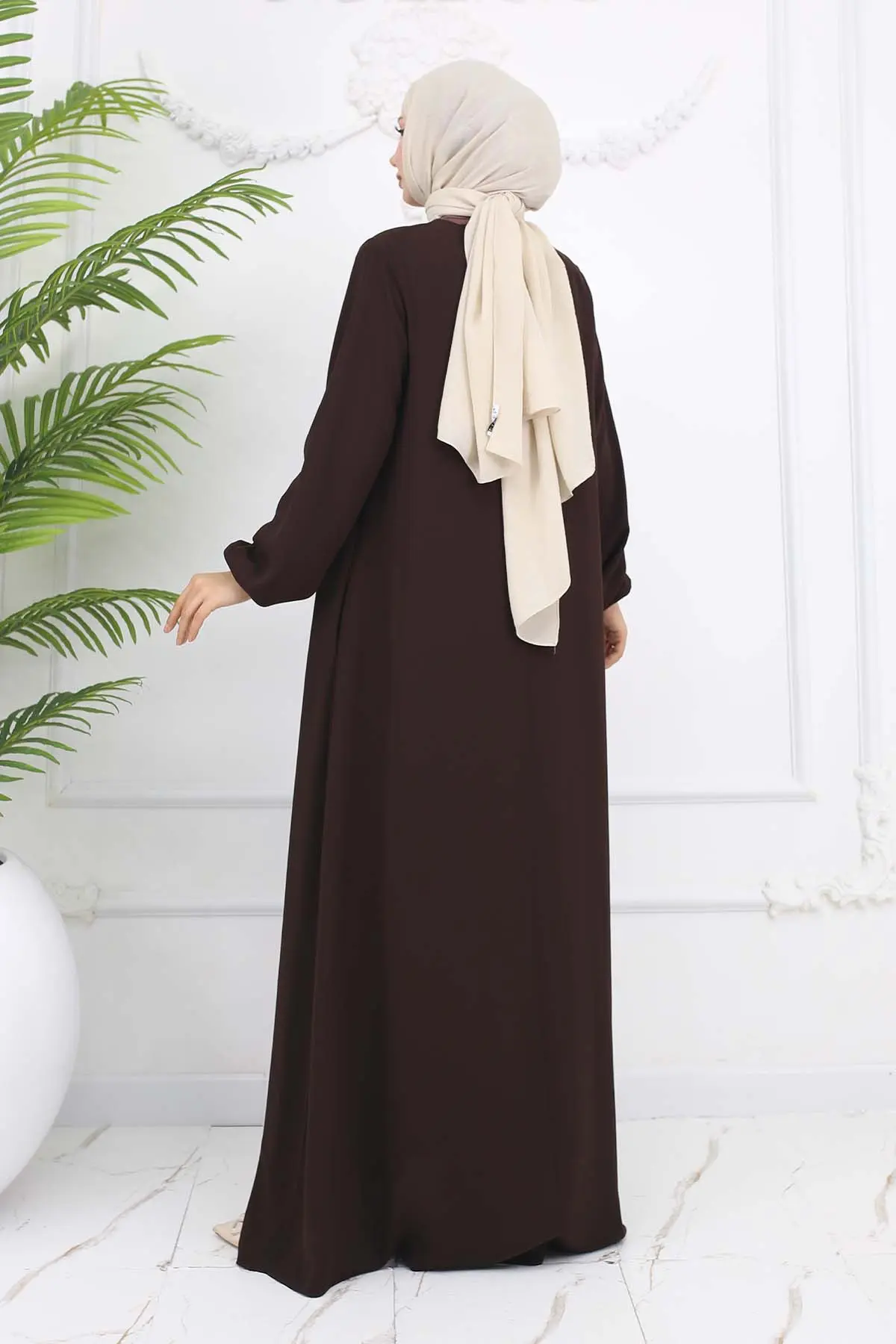 Kolları Lastikli Gizli Fermuarlı Ferace Kahverengi 1002-detail