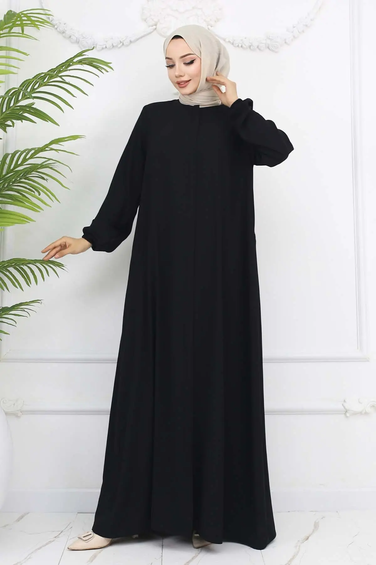 Kolları Lastikli Gizli Fermuarlı Ferace Siyah 1002-detail