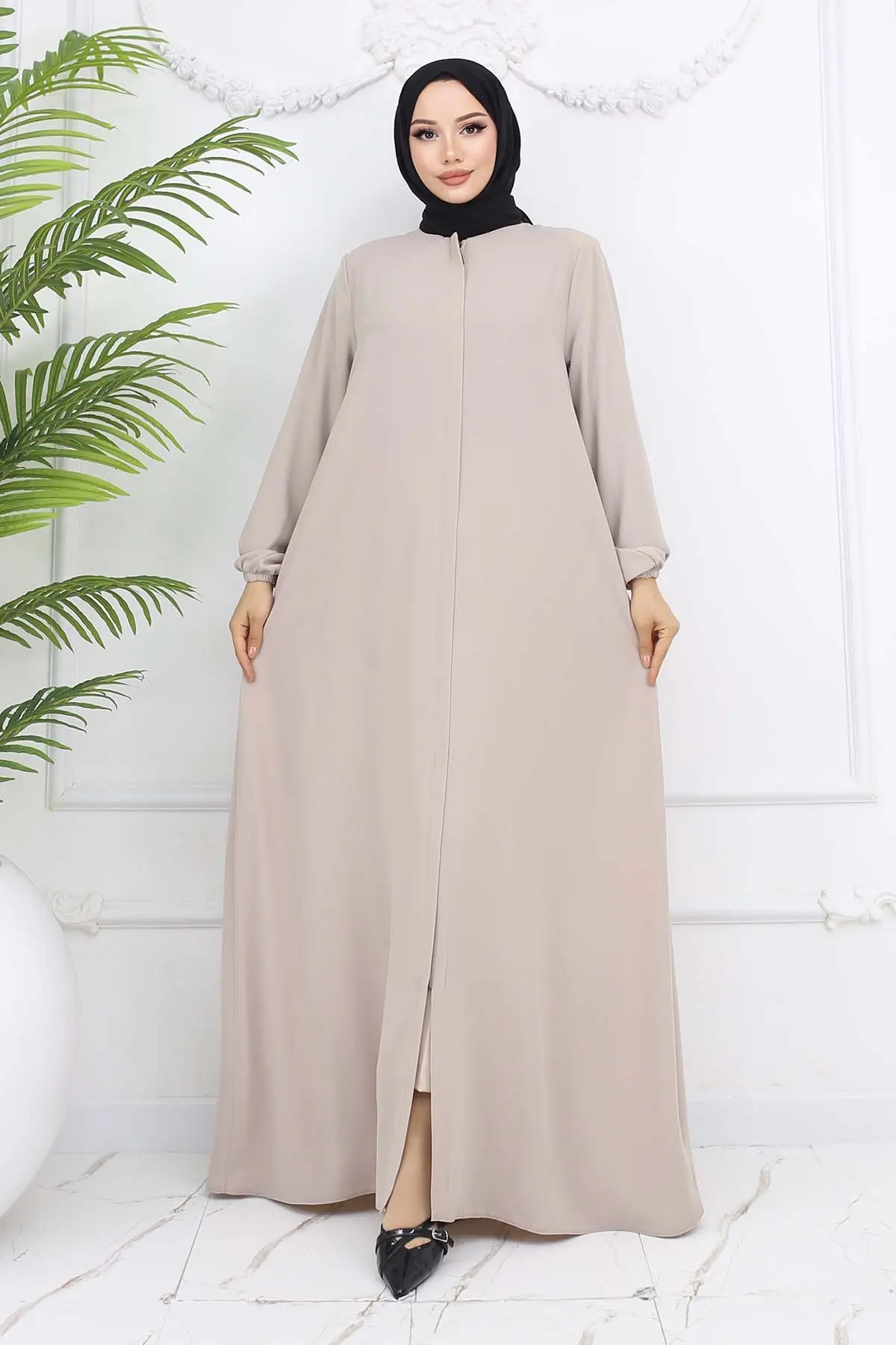 Kolları Lastikli Gizli Fermuarlı Ferace Taş Rengi 1002-detail