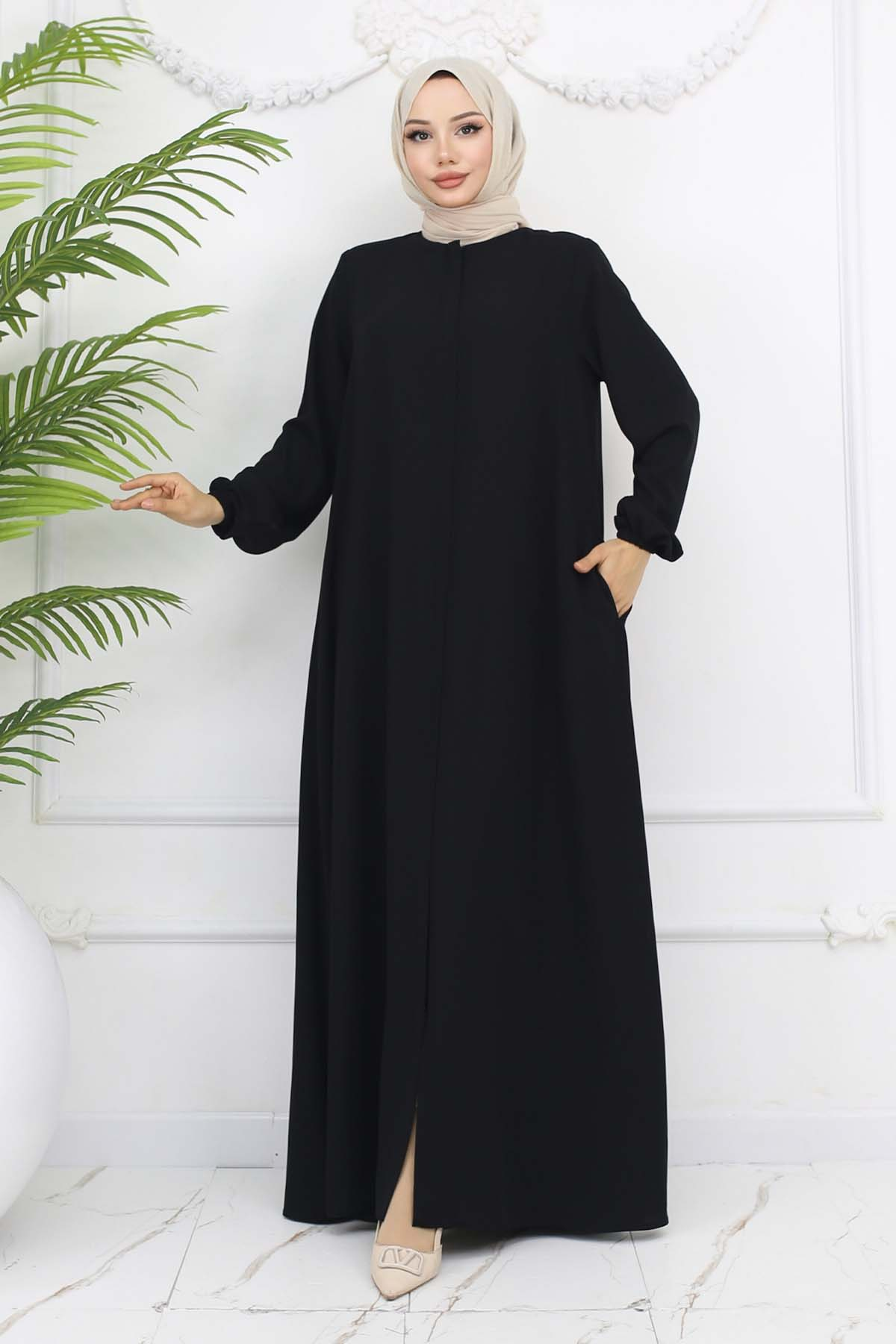 Elastic Sleeves Hidden Zipper Abaya