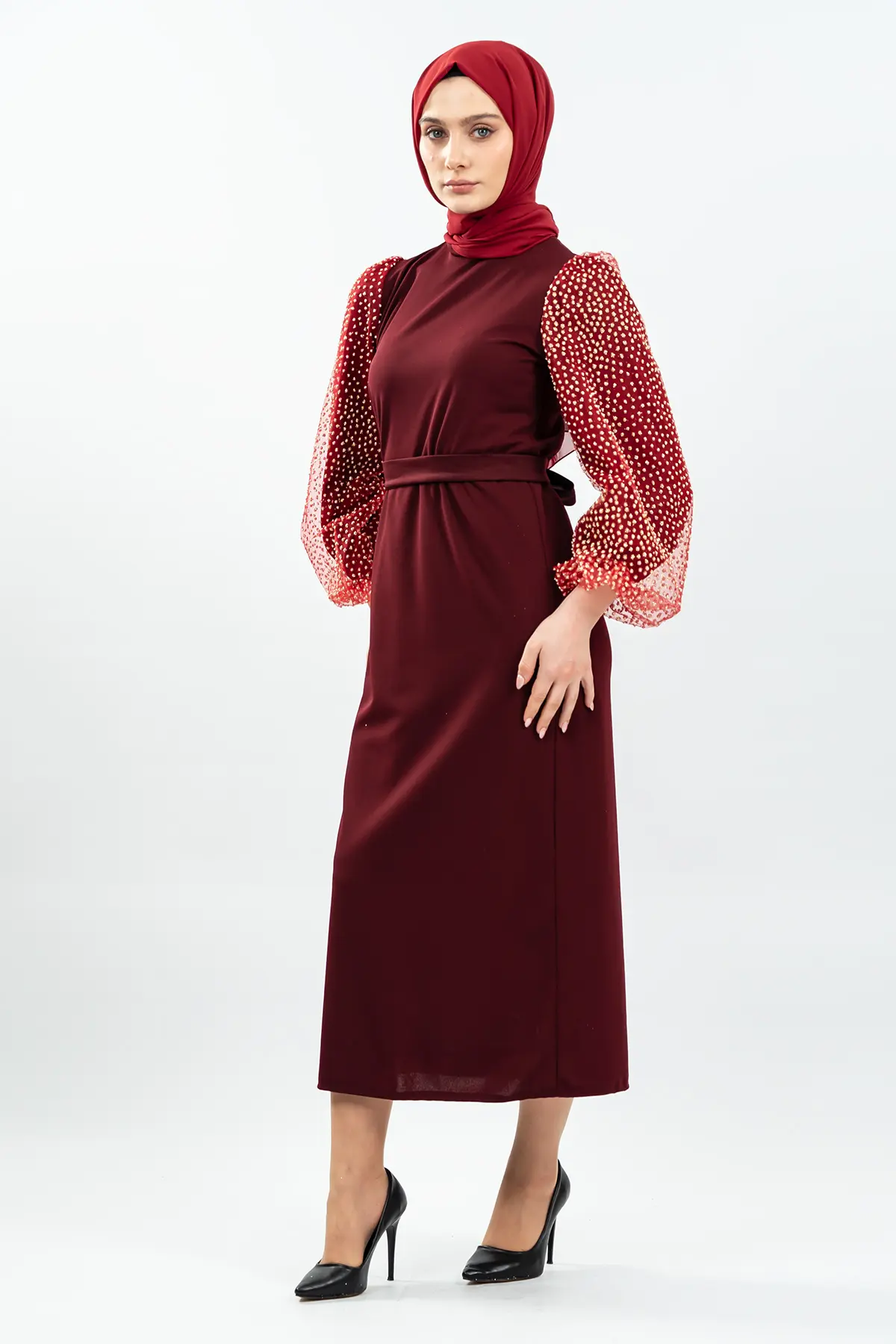 Kolları Tül Detaylı Siyah Tesettür Elbise-detail