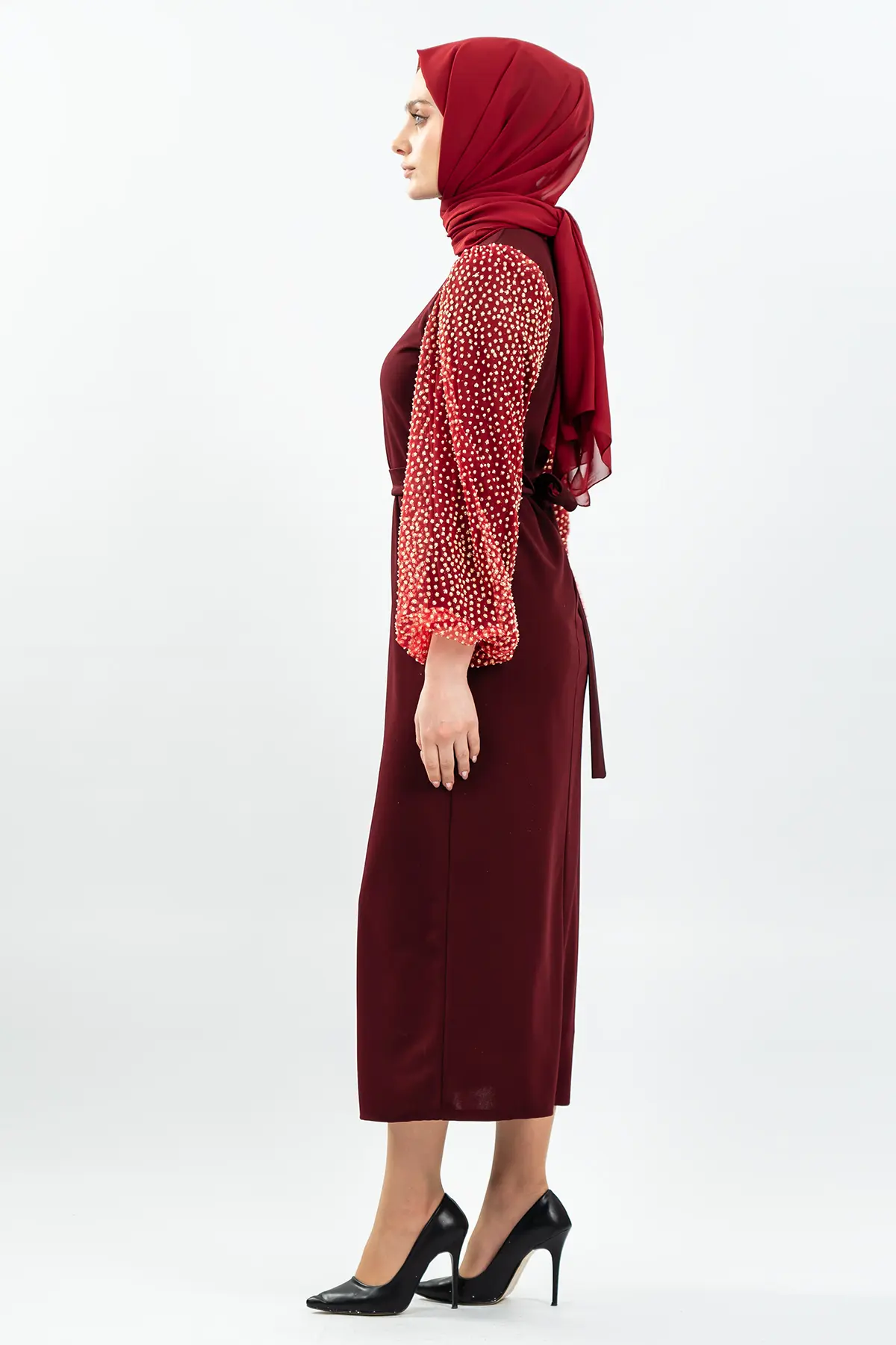 Kolları Tül Detaylı Siyah Tesettür Elbise-detail