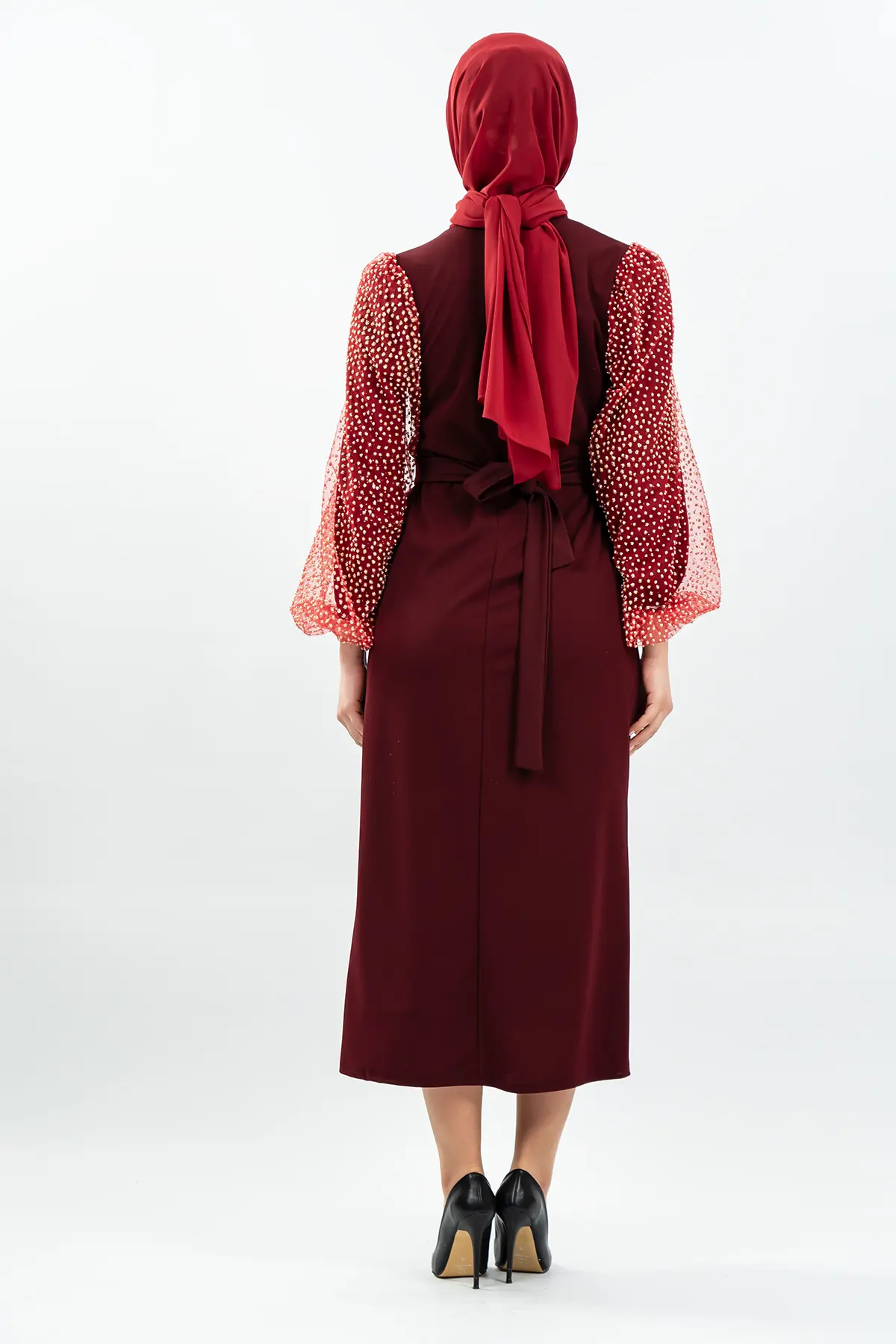 Kolları Tül Detaylı Siyah Tesettür Elbise-detail