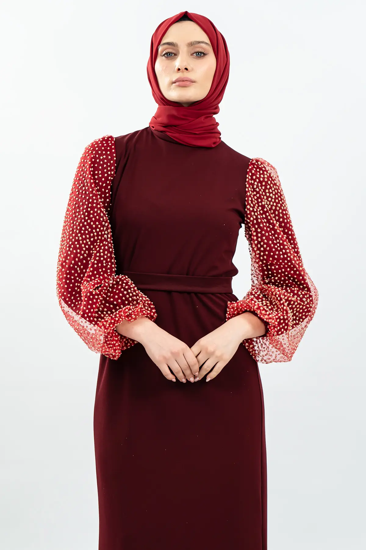 Kolları Tül Detaylı Siyah Tesettür Elbise-detail