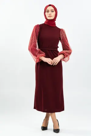 Kolları Tül Detaylı Siyah Tesettür Elbise