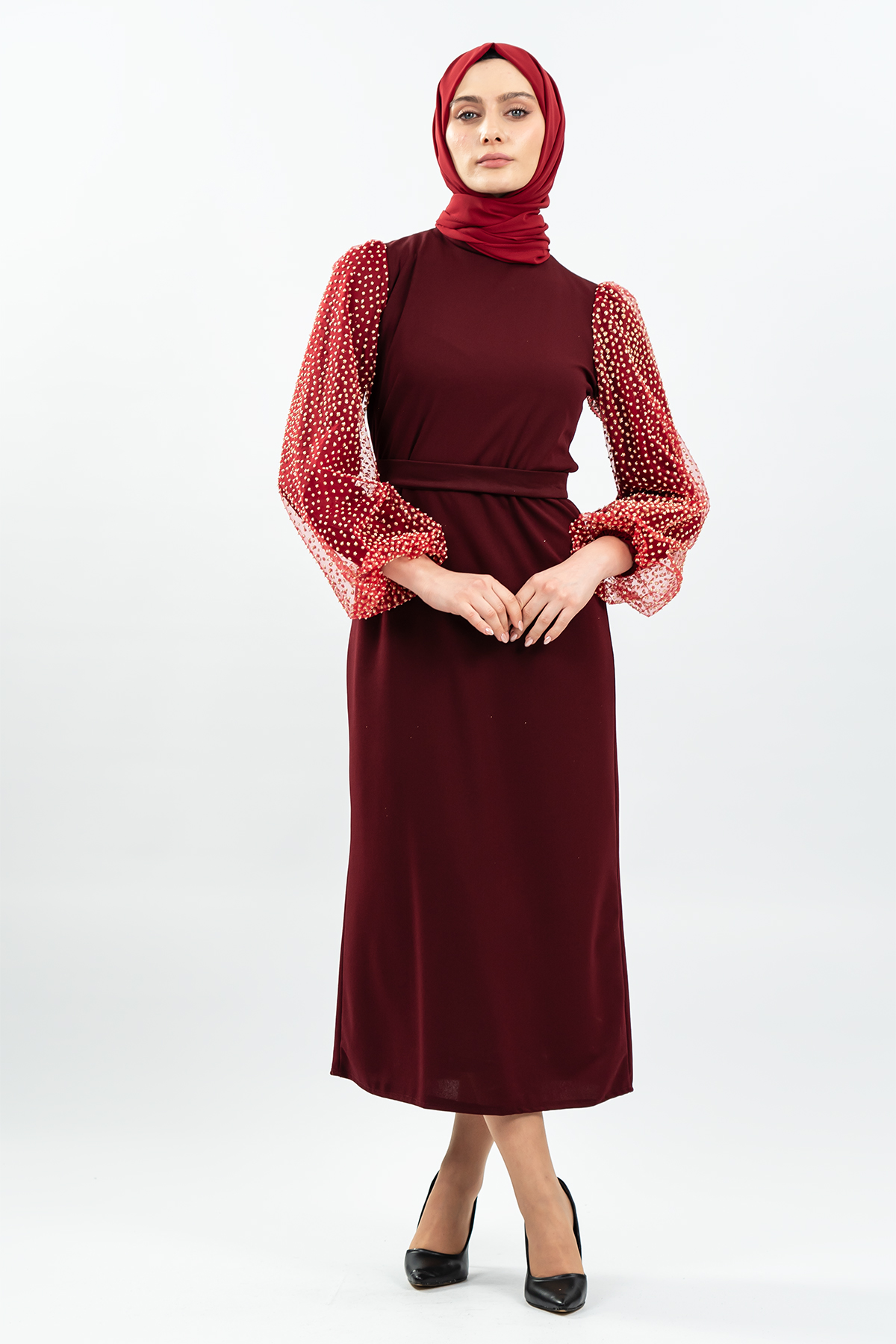 Kolları Tül Detaylı Siyah Tesettür Elbise