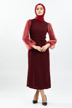 Kolları Tül Detaylı Siyah Tesettür Elbise