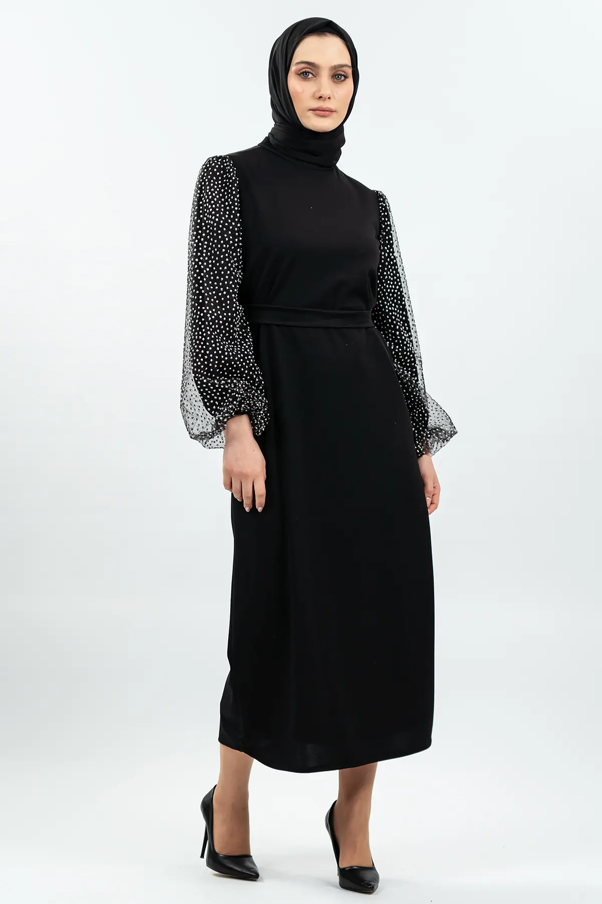 Kolları Tül Detaylı Siyah Tesettür Elbise-detail