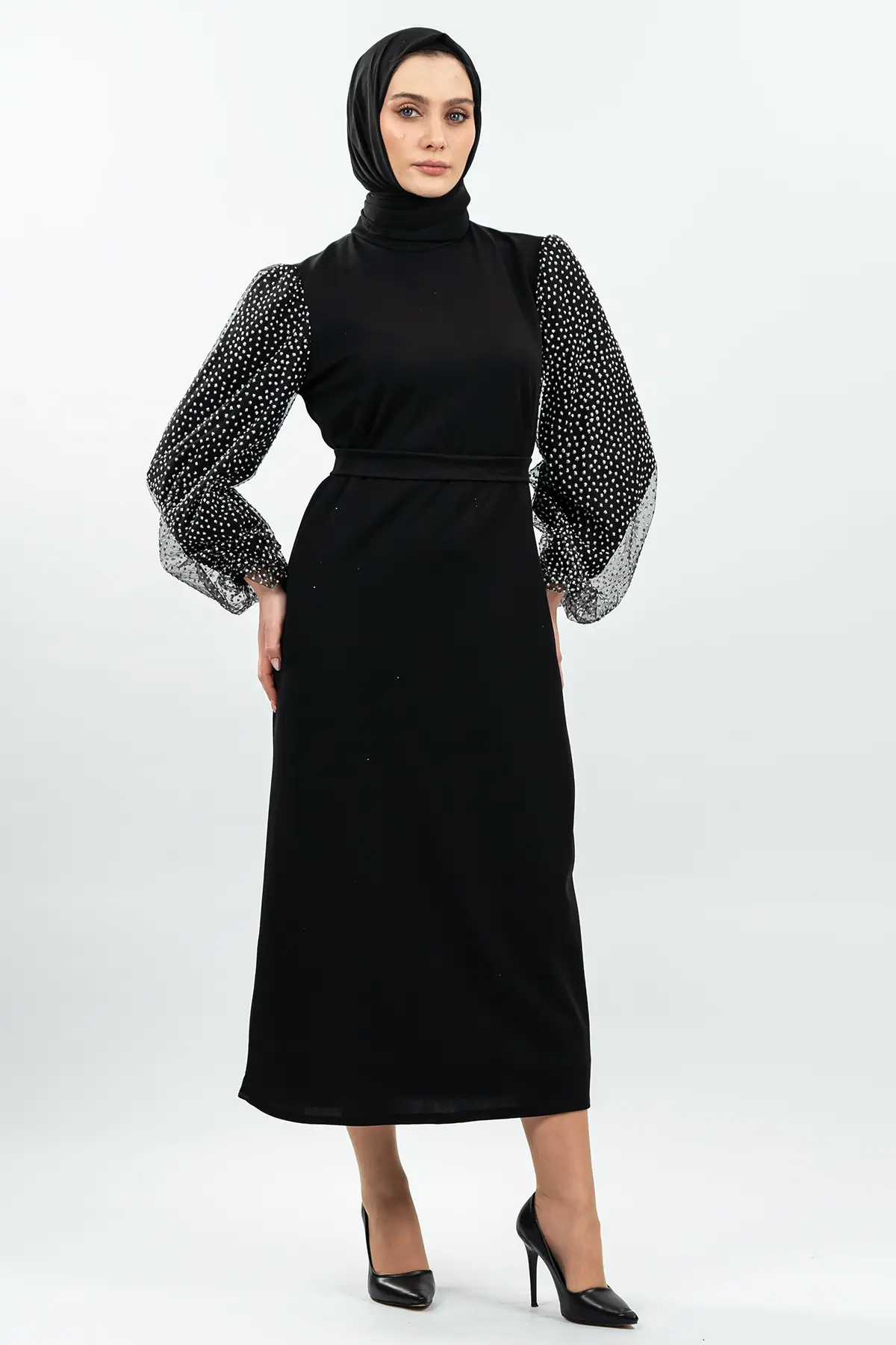 Kolları Tül Detaylı Siyah Tesettür Elbise-detail