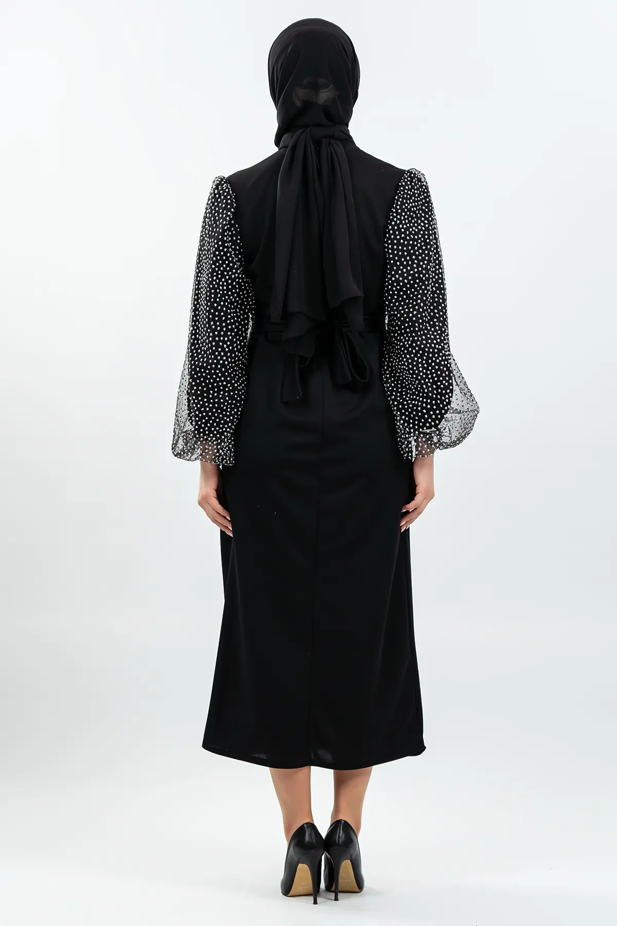 Kolları Tül Detaylı Siyah Tesettür Elbise-detail