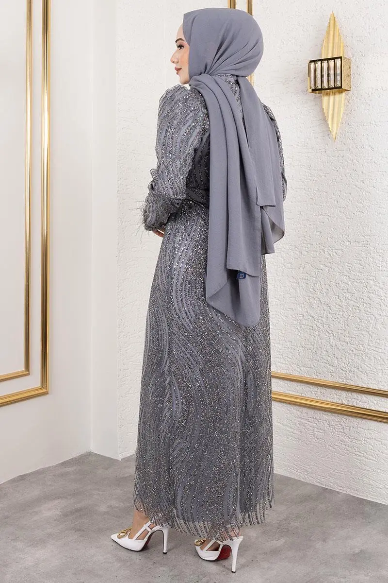 Kolları Tüy Detaylı Simli Abiye Gri-detail