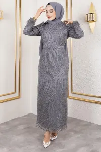Glittery Evening Dress With Feather Detail On Sleeves
