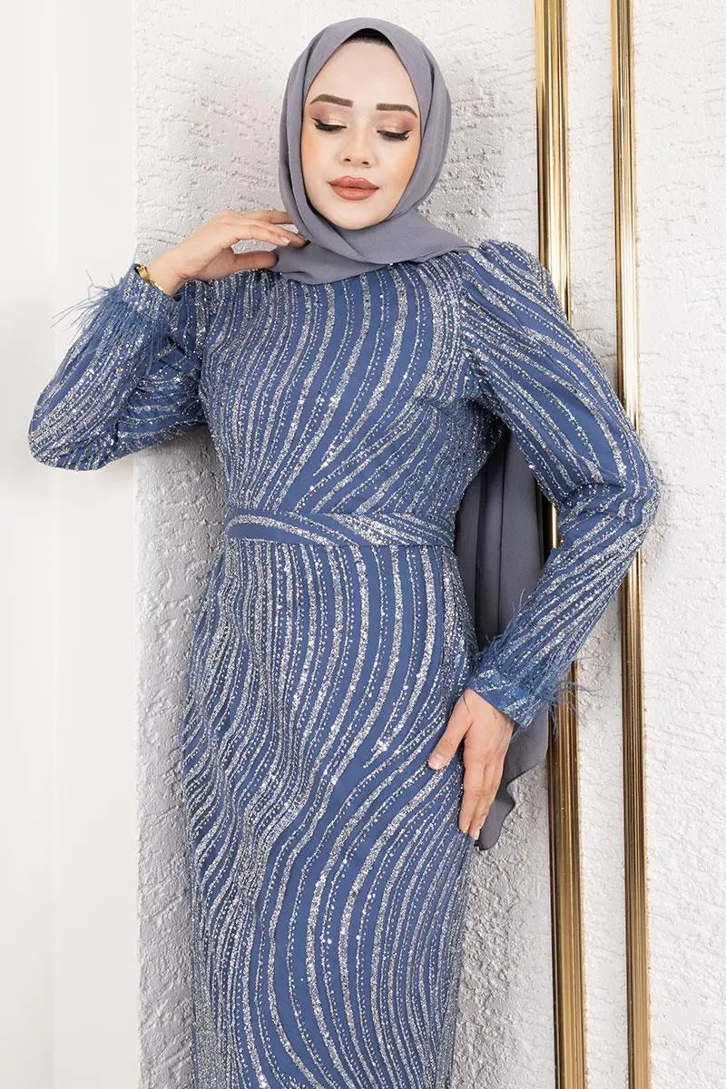 Kolları Tüy Detaylı Simli Abiye Indigo-detail