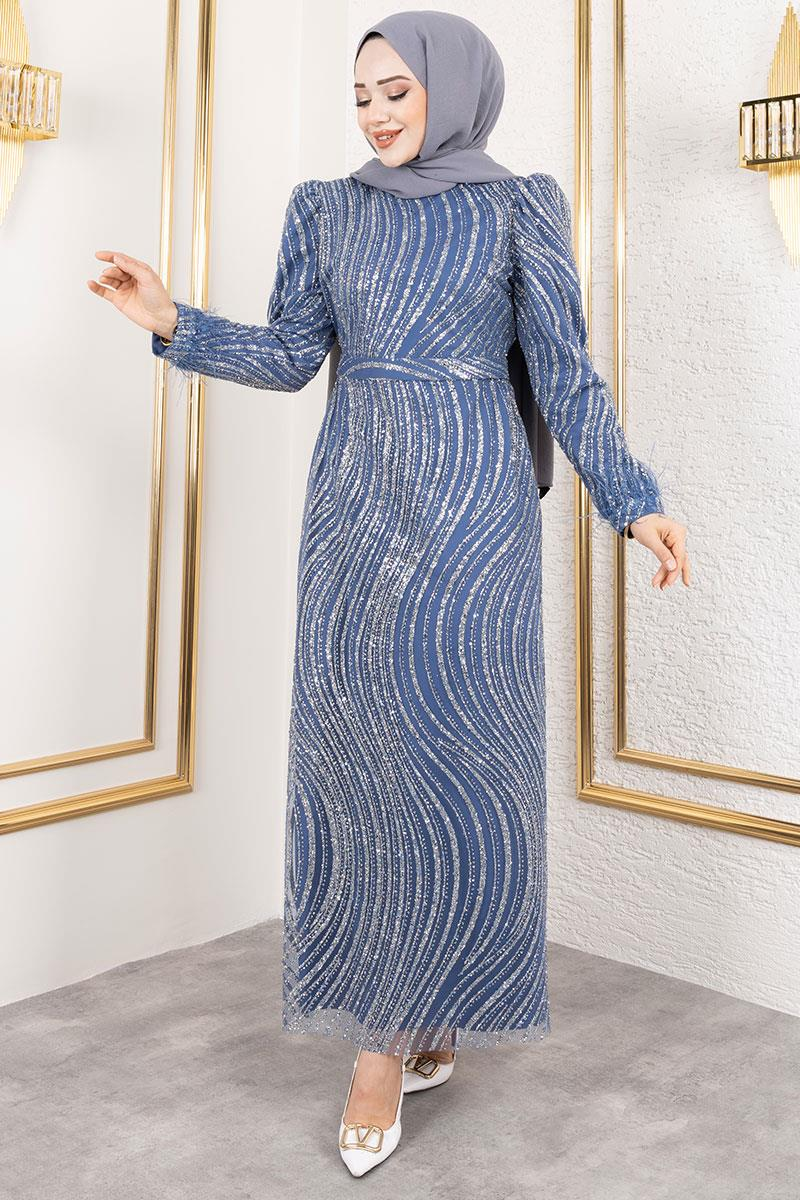 Glittery Evening Dress With Feather Detail On Sleeves