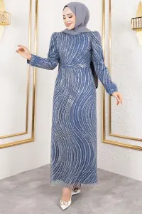 Kolları Tüy Detaylı Simli Abiye Indigo