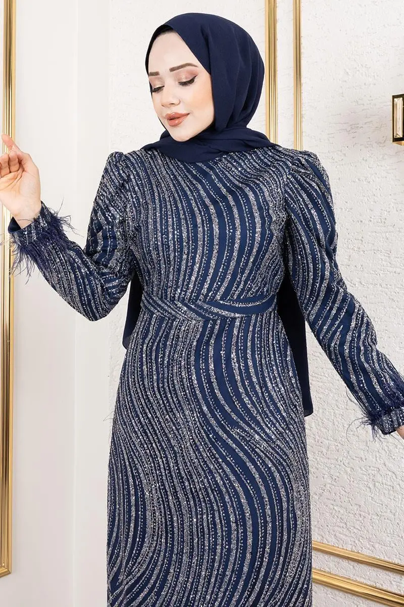 Glittery Evening Dress With Feather Detail On Sleeves-detail