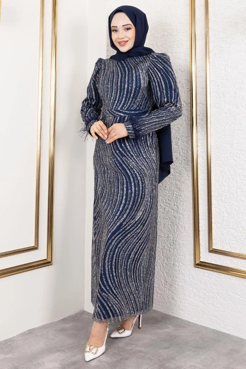 Glittery Evening Dress With Feather Detail On Sleeves-detail