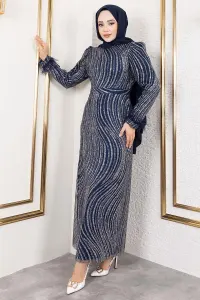 Glittery Evening Dress With Feather Detail On Sleeves